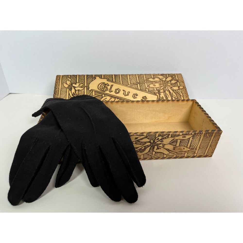 Antique Wooden Glove Box & Gloves Flemish Art Style Floral Vanity Box Victorian